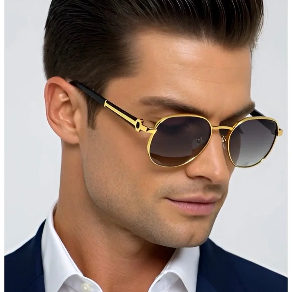 Mens Gold Round Sunglasses Black Gradient Lens Retro Luxury Style Eyewear Lentes
