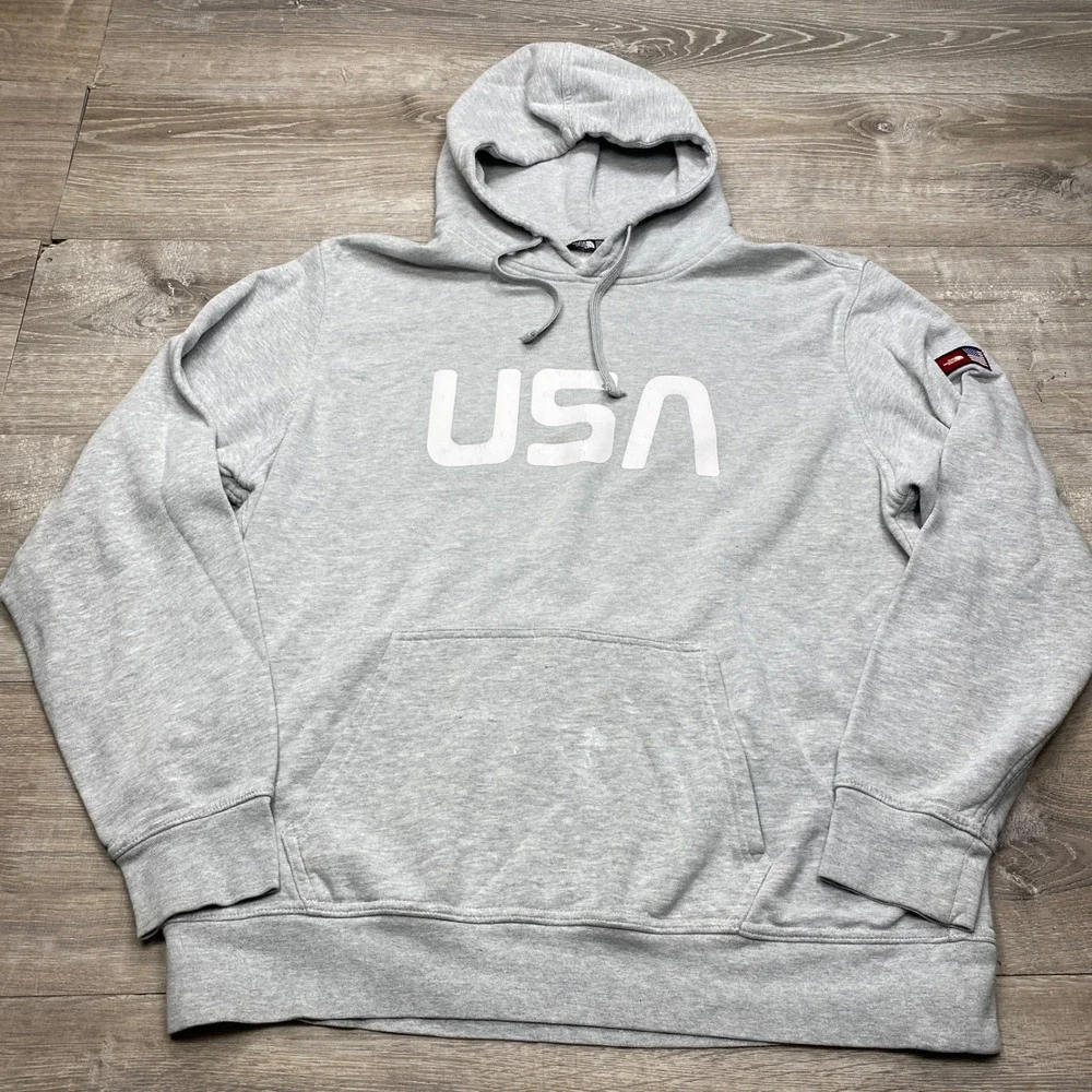 The North Face Hoodie Mens XL Gray USA Graphic Flag Patch Fleece Pullover