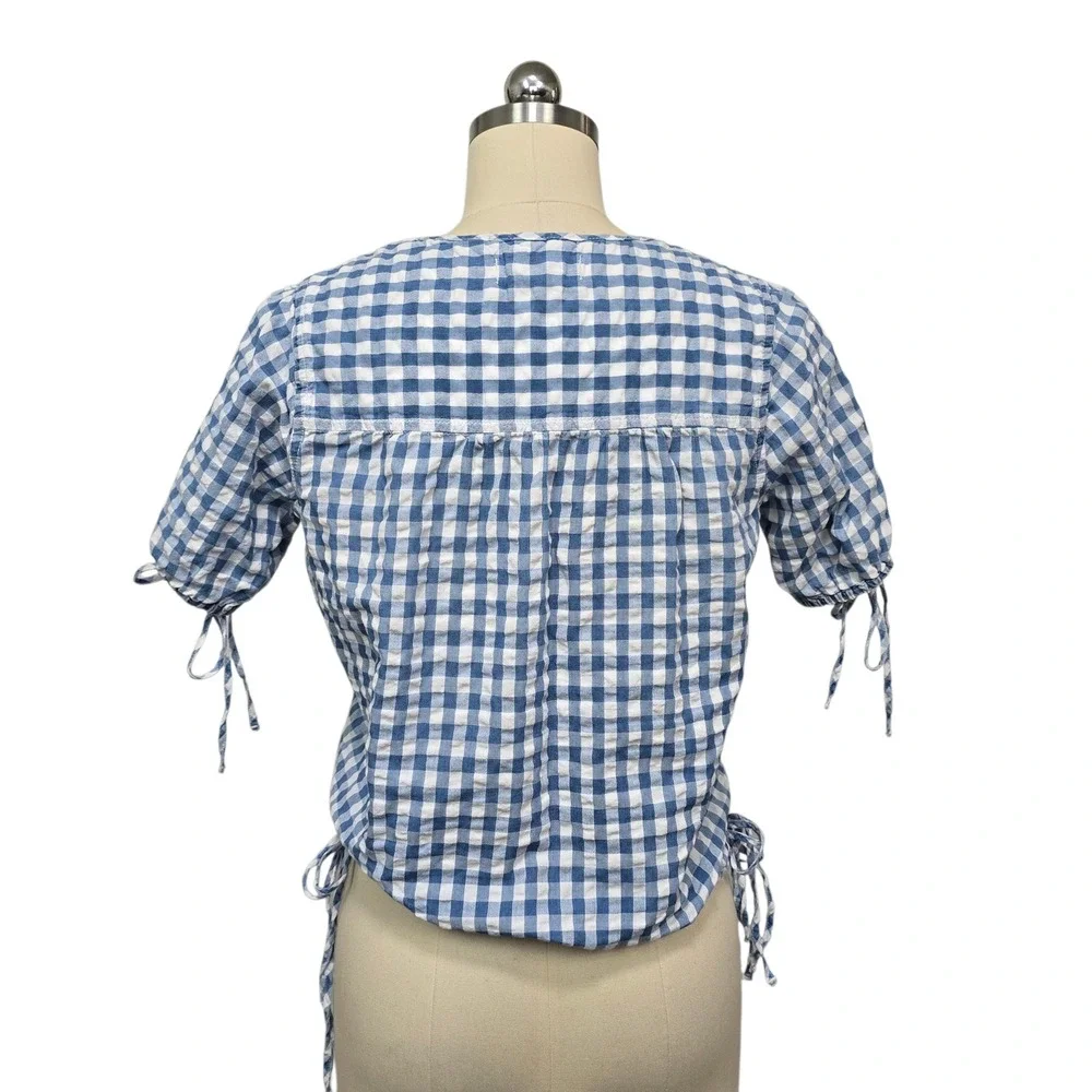 Madewell Blue White Gingham Tie‎ Keyhole Short Sleeve Peasant Blouse XS