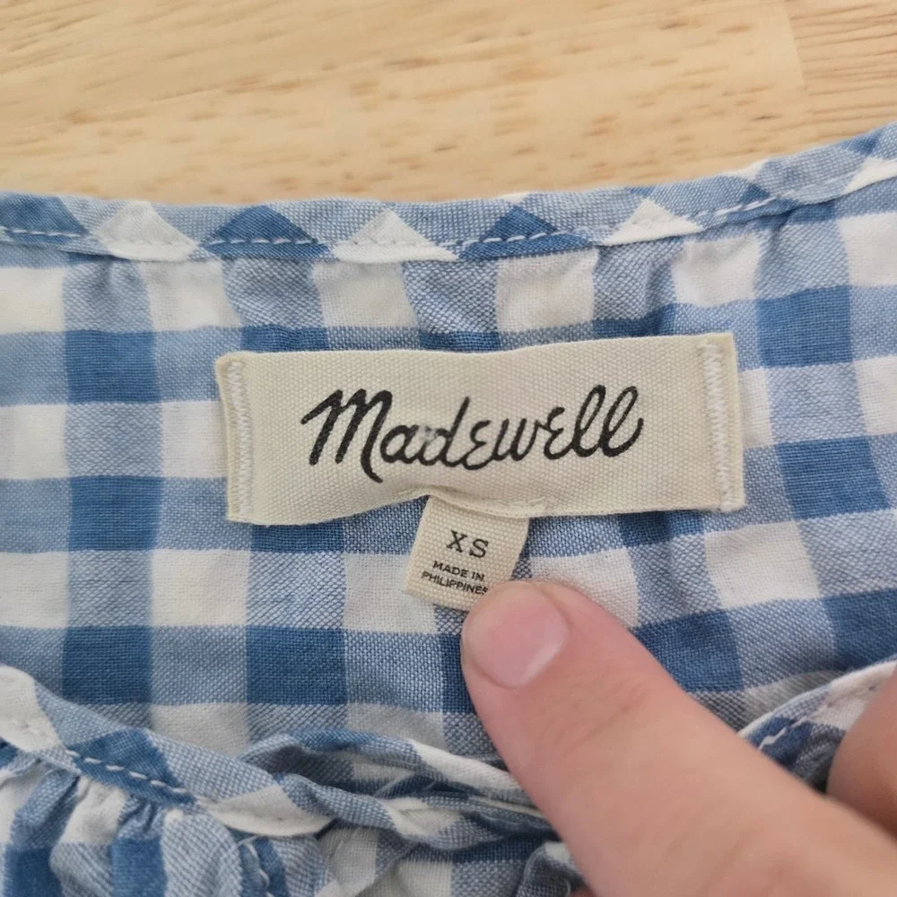 Madewell Blue White Gingham Tie‎ Keyhole Short Sleeve Peasant Blouse XS