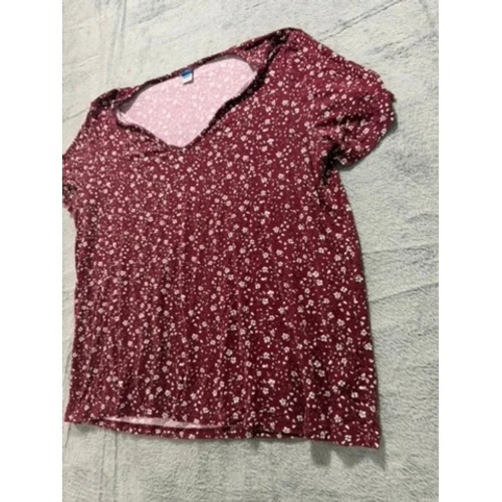 Old Navy Luxe Womens Large Burgundy Floral V-Neck Puff Short Sleeve‎ Top Shirt