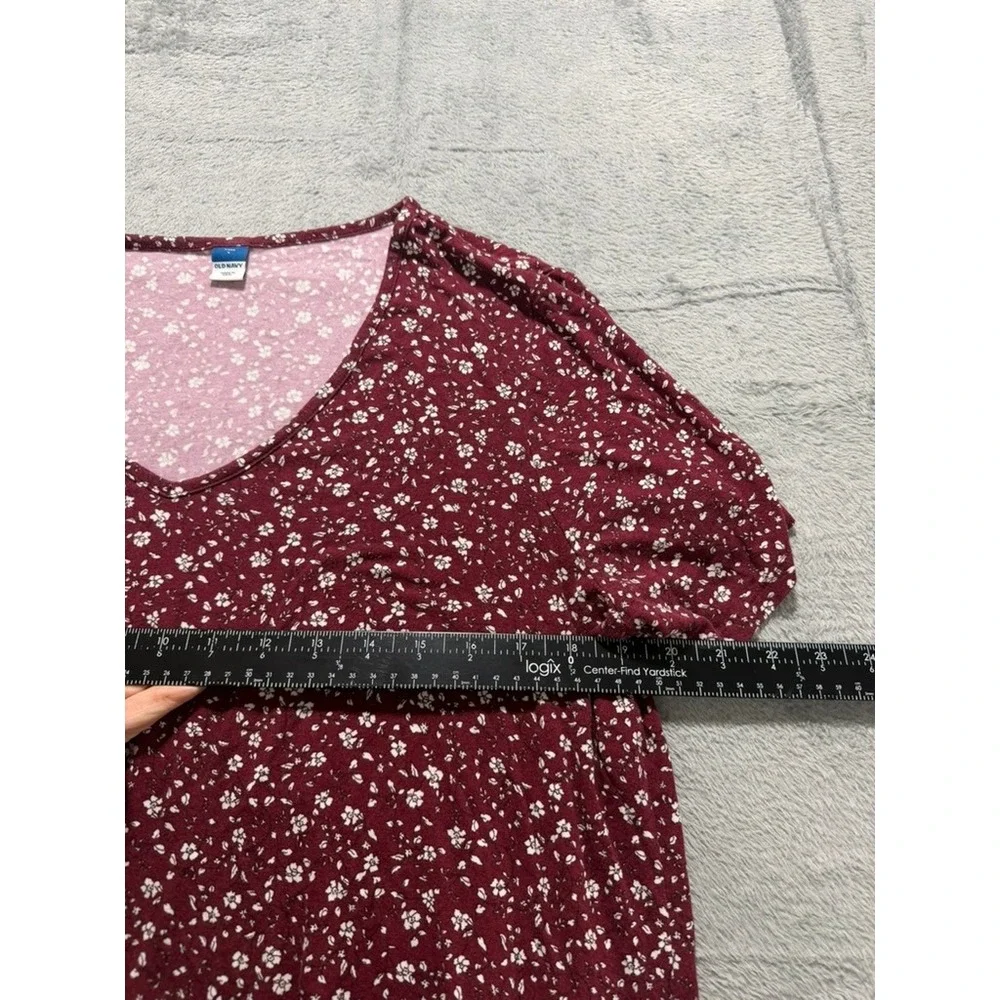 Old Navy Luxe Womens Large Burgundy Floral V-Neck Puff Short Sleeve‎ Top Shirt