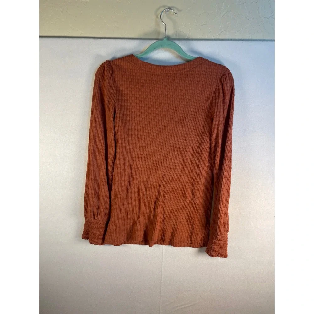 LOFT Womens Rust Orange Textured Puff Sleeve Smocked Cuff Top Medium G115