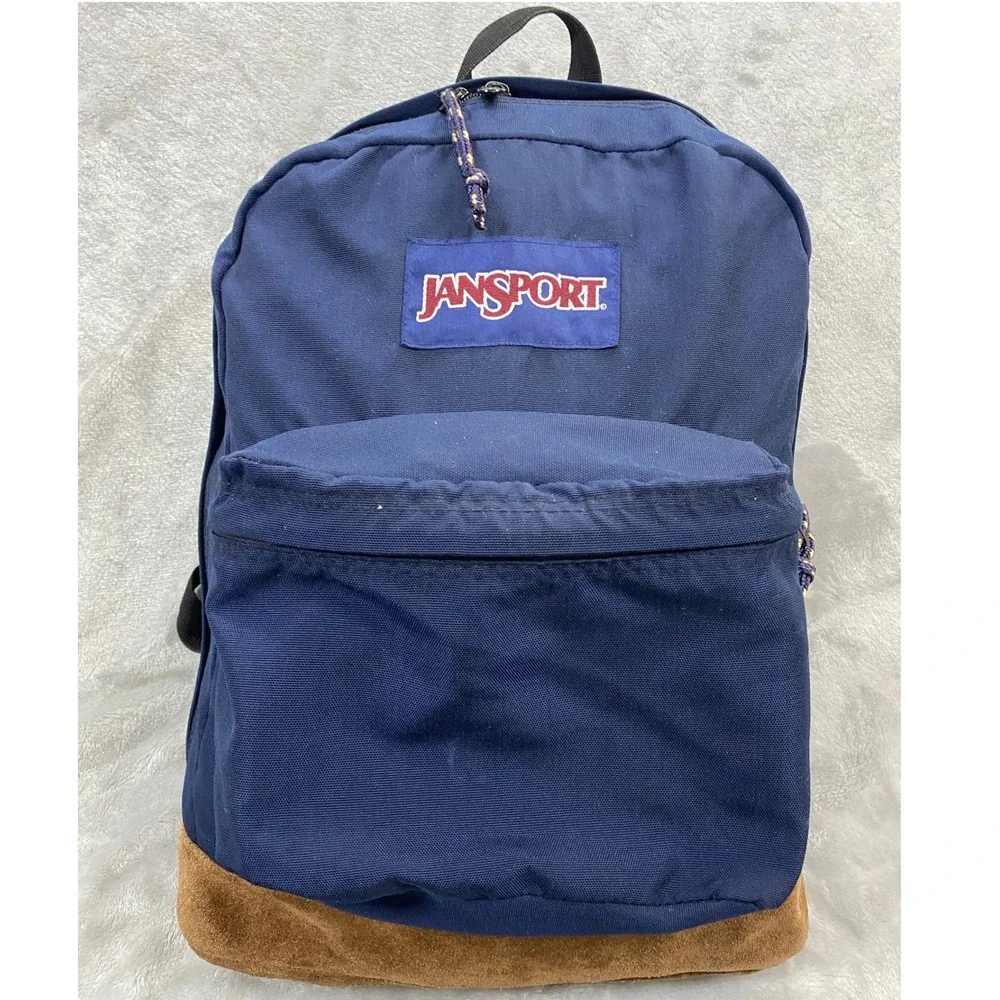 Vintage JanSport Suede Bottom Backpack Unisex Navy Blue 90s Original Right Pack
