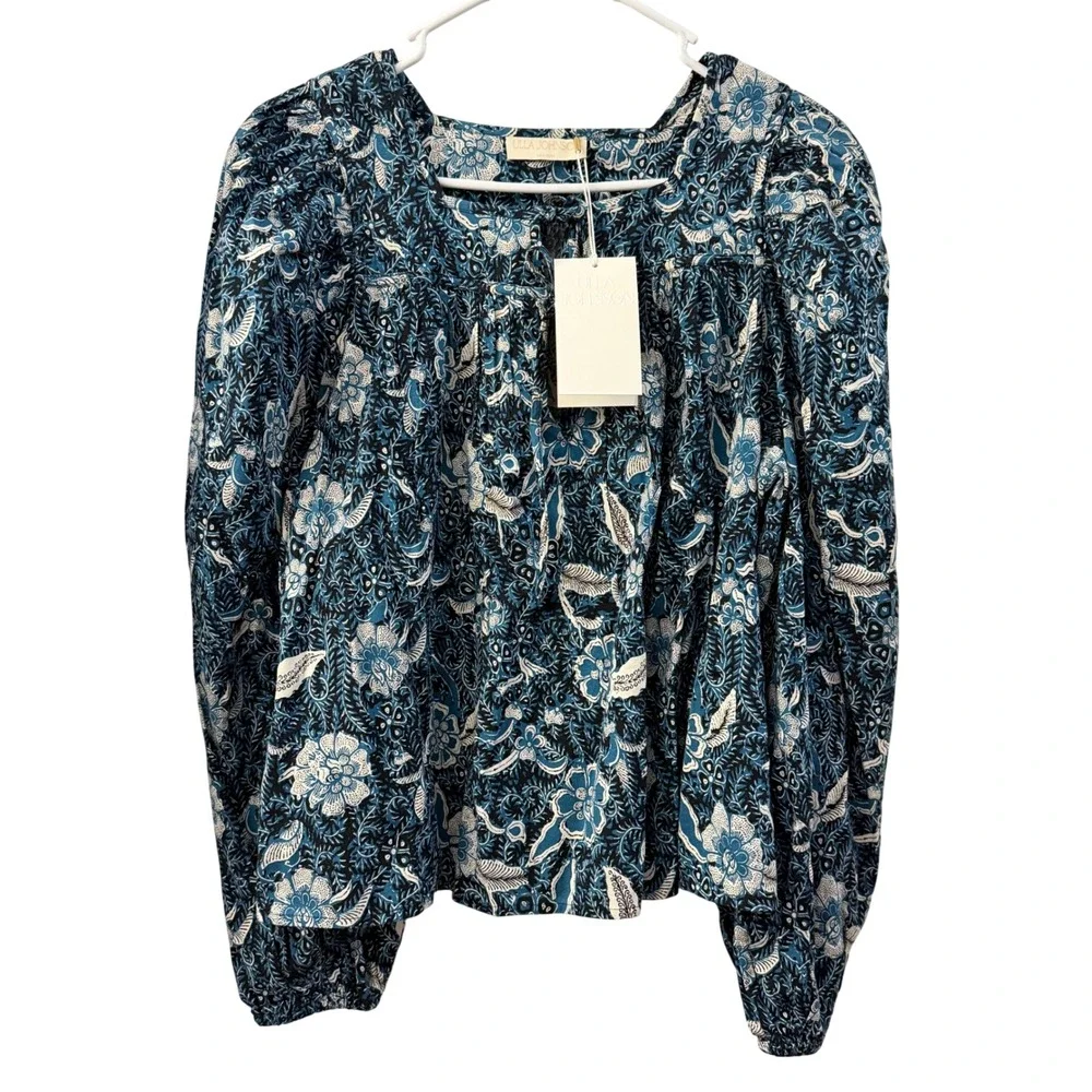 Ulla Johnson Issa Blouse Midnight Blue Floral Puff Sleeve Sz 10 NWT Cottagecore