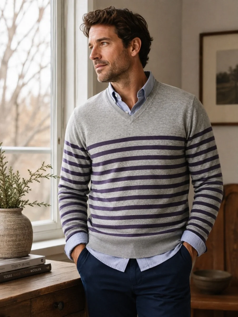 Banana Republic Men’s M Gray Purple Stripe Cotton V-Neck Sweater