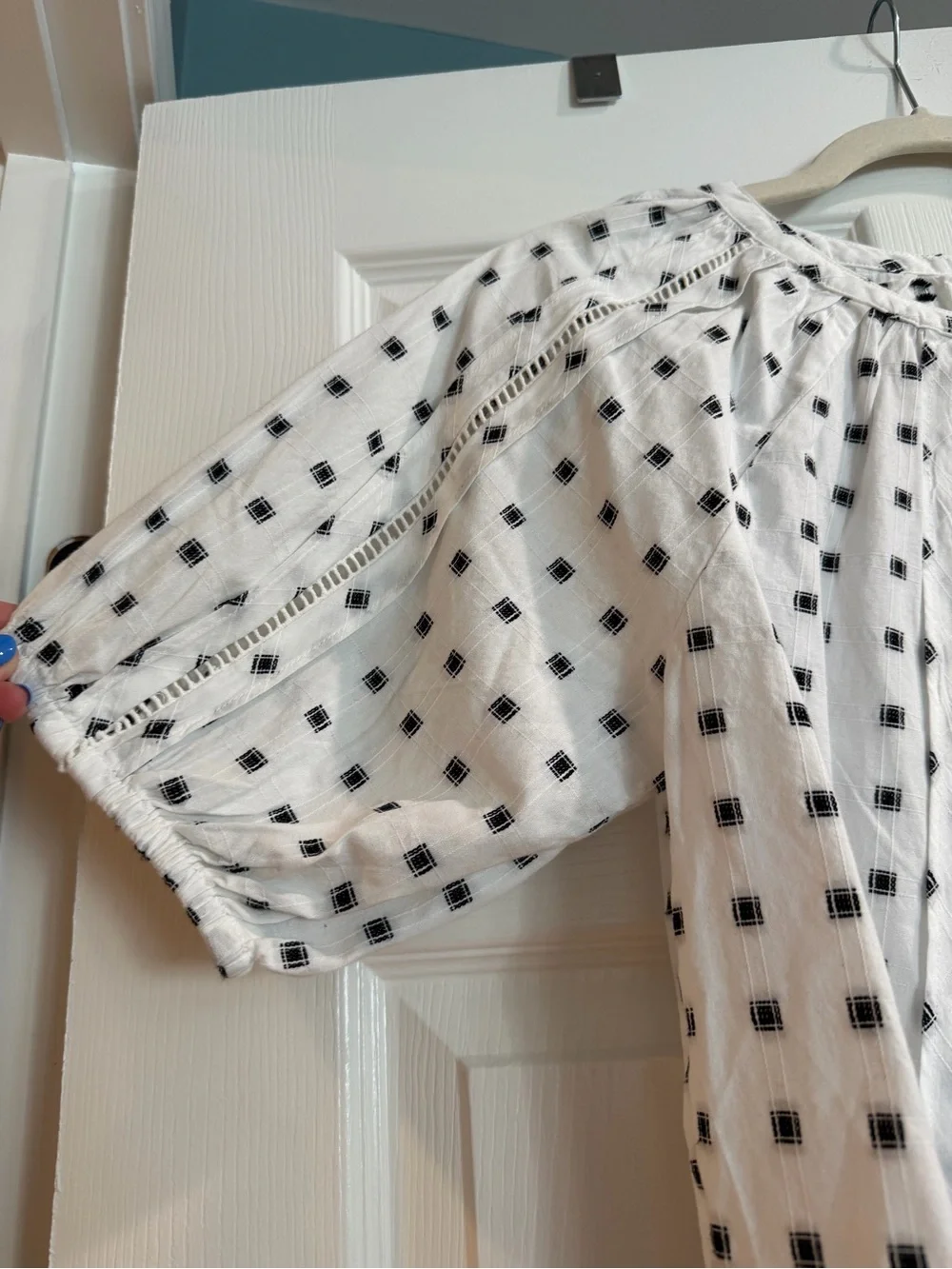 LOFT White Peasant Blouse with Black Square Print