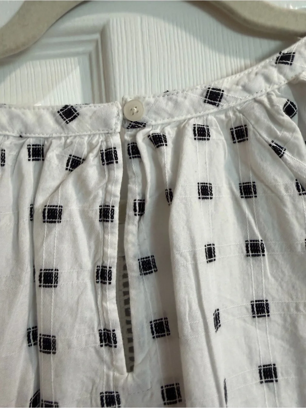 LOFT White Peasant Blouse with Black Square Print