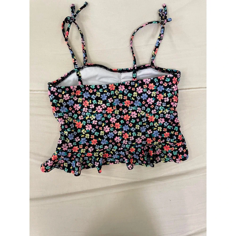 Girls Floral Ruffle Tankini Swim Top Black Multi Color Tie Strap Swimwear