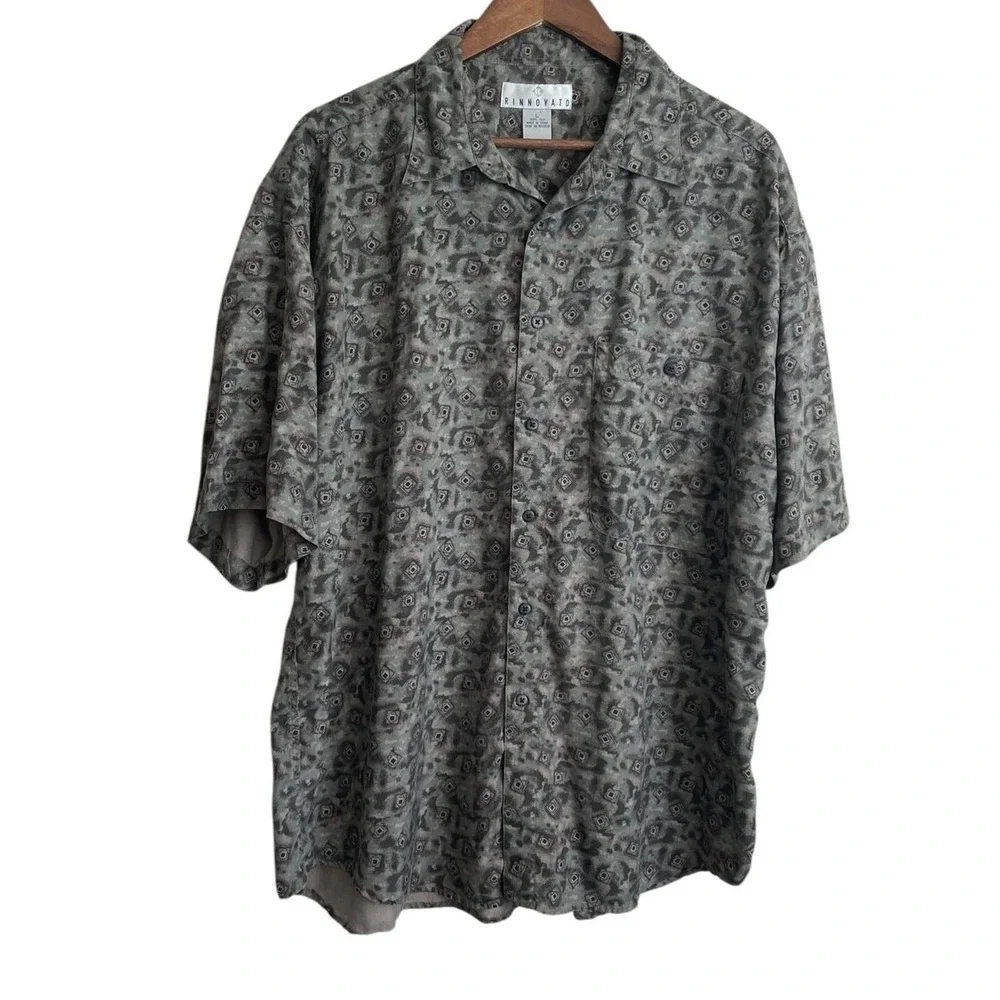 VTG Rinnovato Mens Button Up Shirt L‎ Gray Abstract Geometric 90s Retro Resort