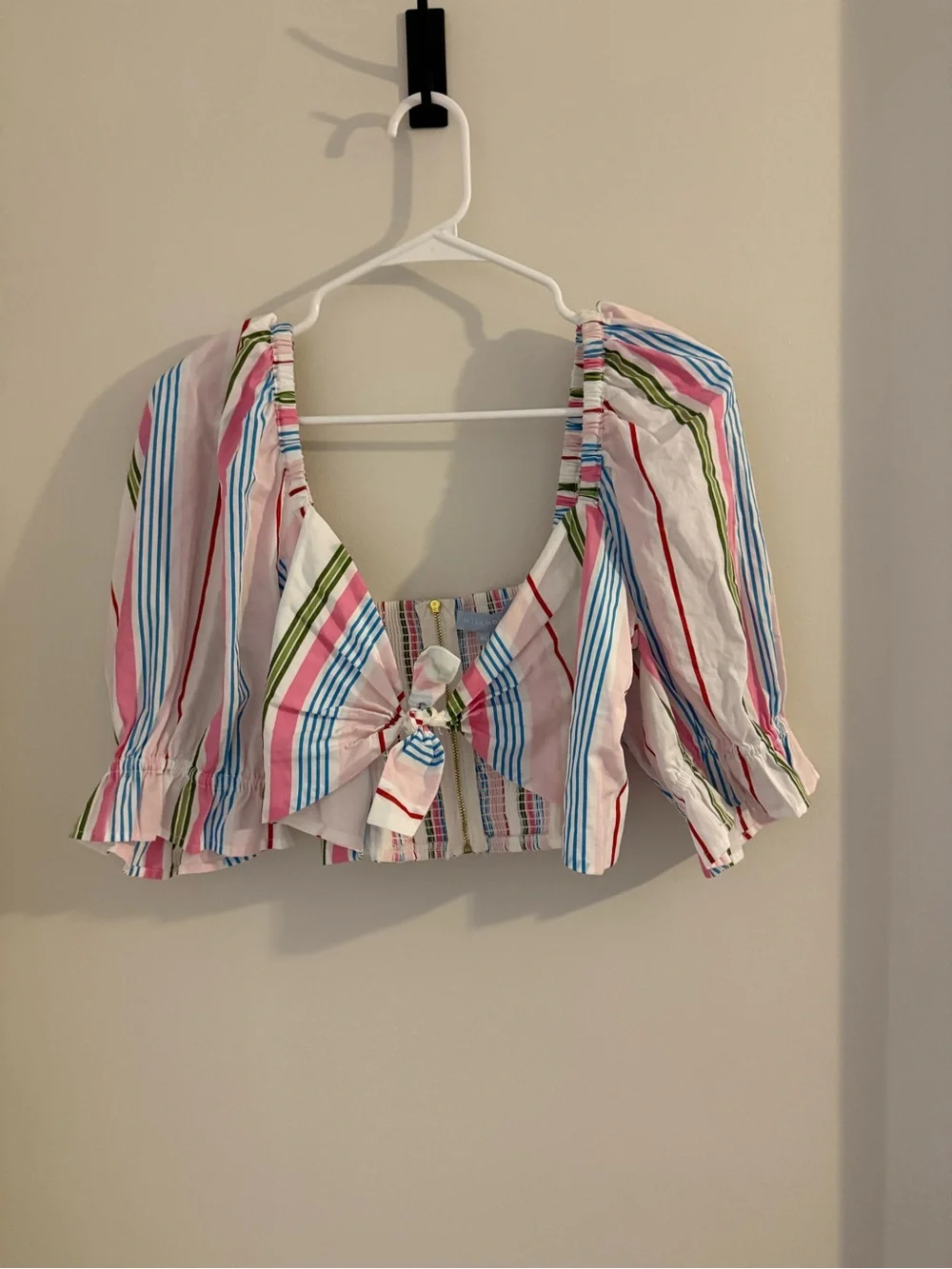 Hill House Striped Tie-Front Puff Sleeve Top in Pink, Blue, Green - Size XL