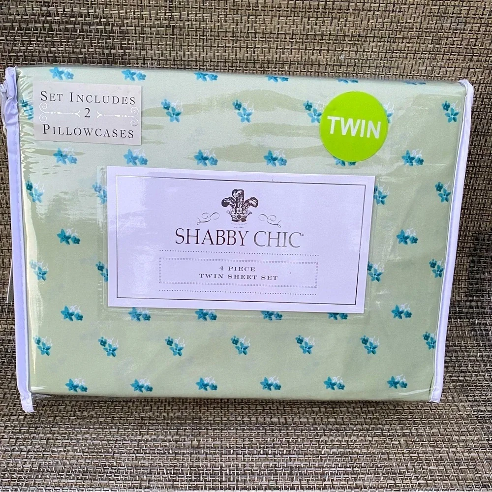 Shabby Chic Blue Floral Green Polyester TWIN Sheet Set 4pc