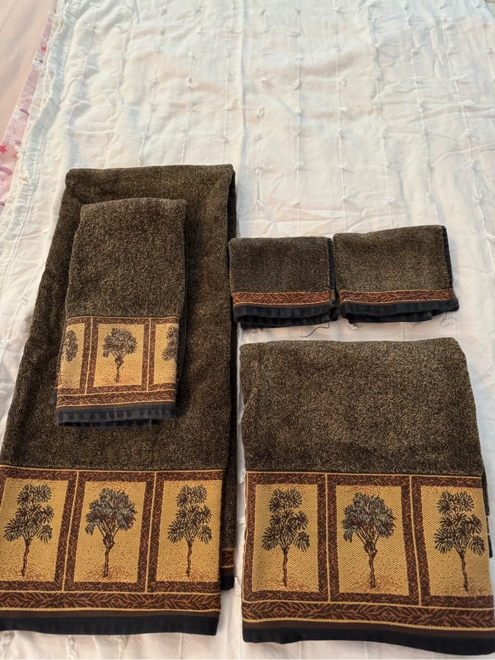 Vtg Hampton Manor Brown Cotton Towel Set 5-Pc Early 2000s