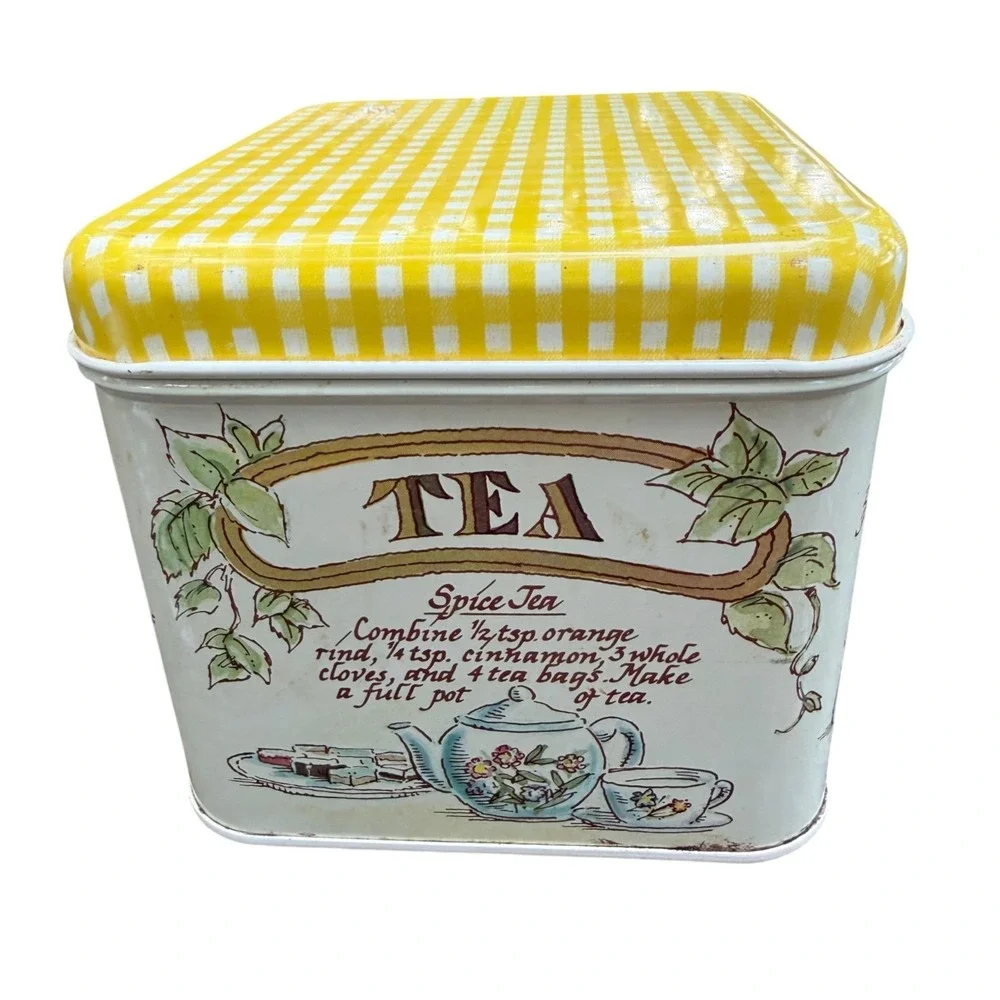 Vintage 4 Pc Metal Canister Set Recipe Flour Sugar Coffee Tea Yellow Gingham