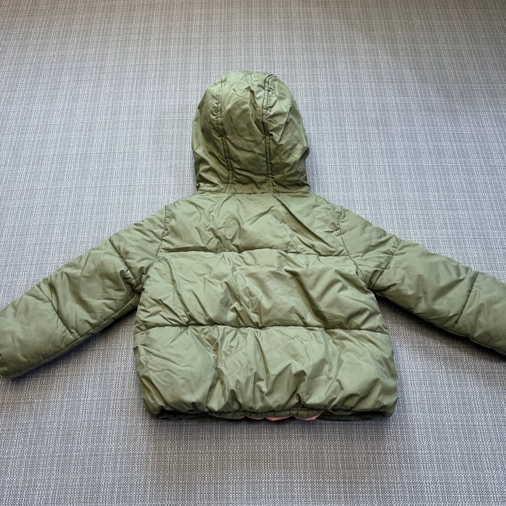 Gymboree Go Outside Puffer Jacket Kids XXS 3 Olive Green Hooded Peach Lining