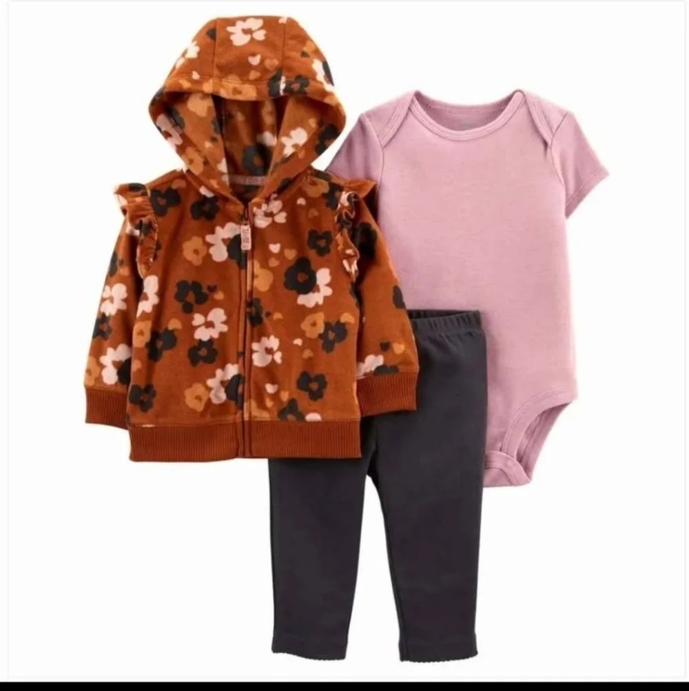 NWT Carter's 3 Pc Brown Floral Fleece Hoodie Outfit Set