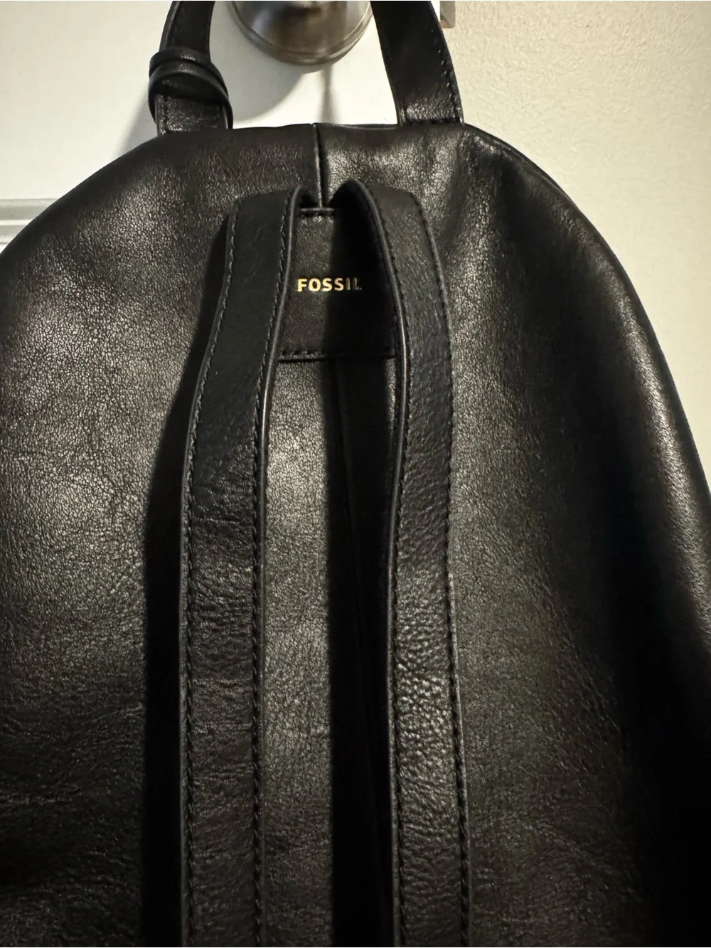Fossil Black Leather Backpack with Gold Zip Accent