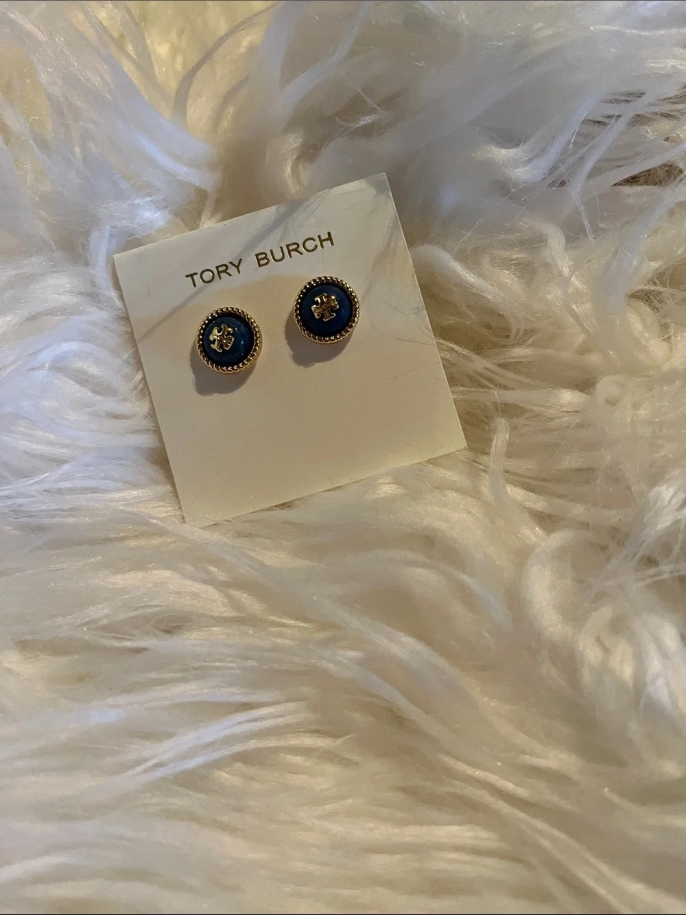 Tory Burch Gold-Tone Navy Enamel Logo Round Stud Earrings