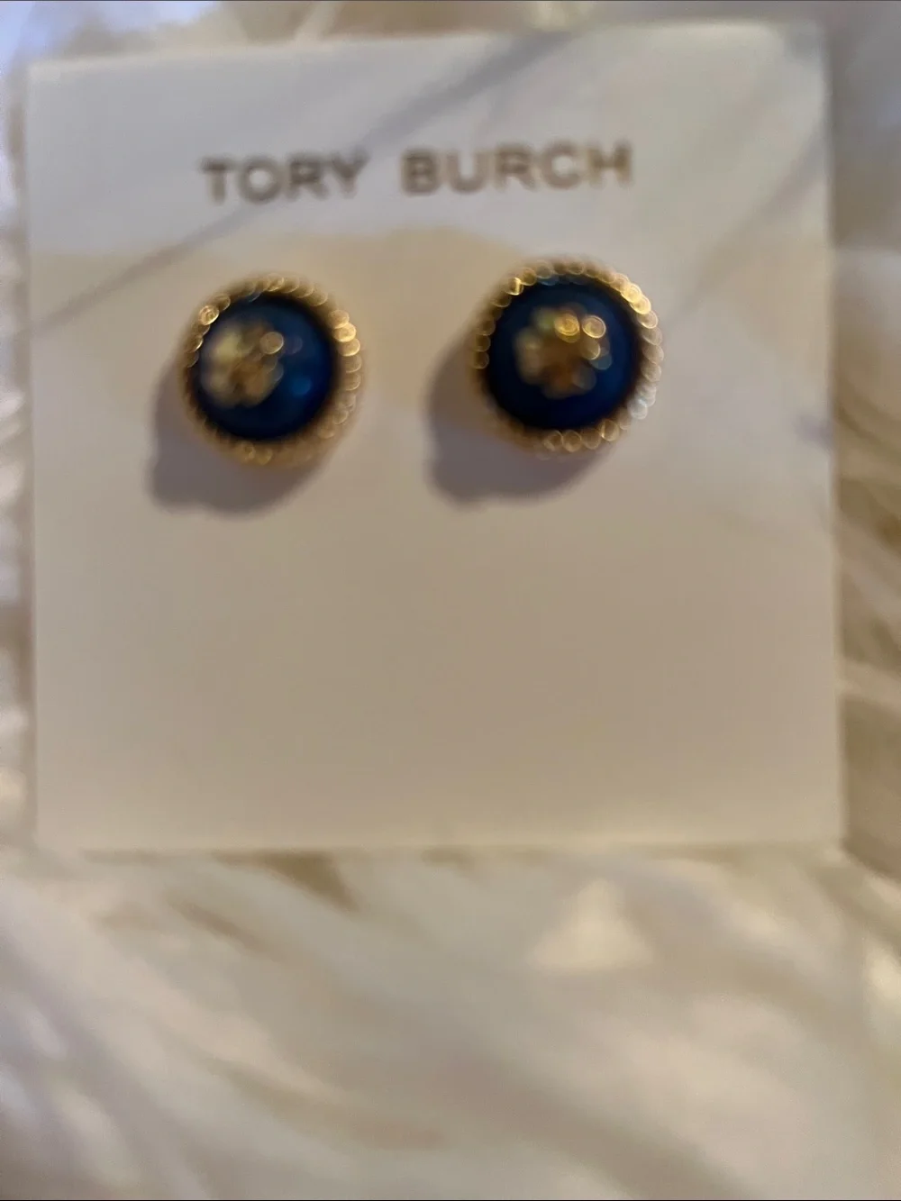 Tory Burch Gold-Tone Navy Enamel Logo Round Stud Earrings