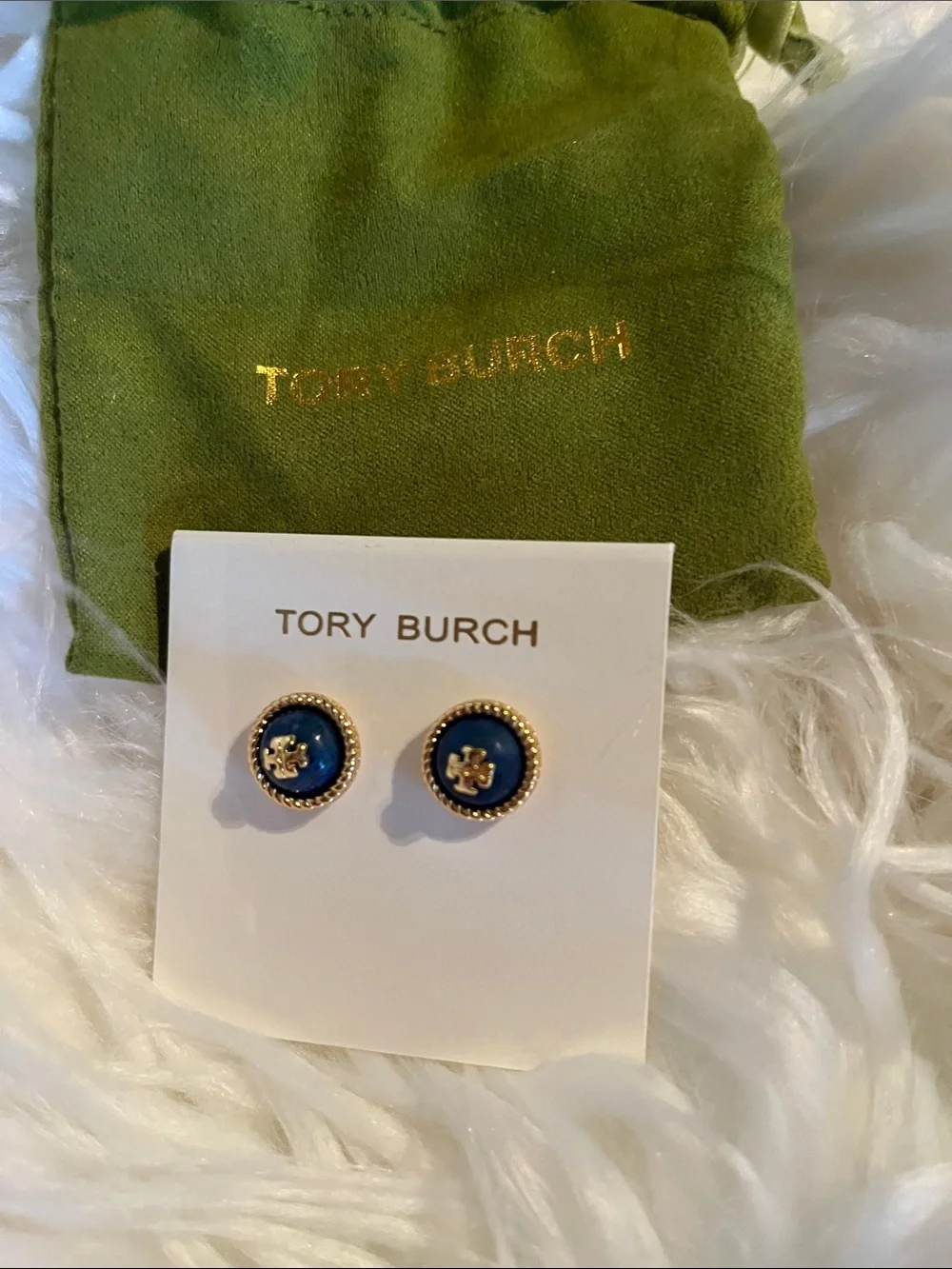Tory Burch Gold-Tone Navy Enamel Logo Round Stud Earrings