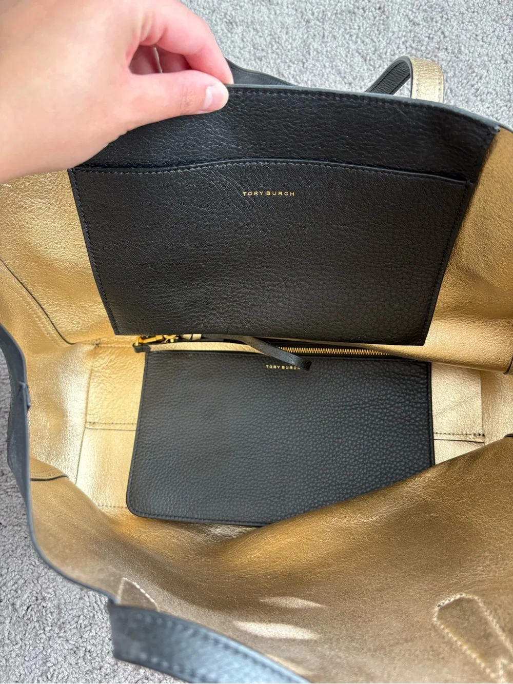 Tory Burch Black Leather Tote with Gold-Trim Straps