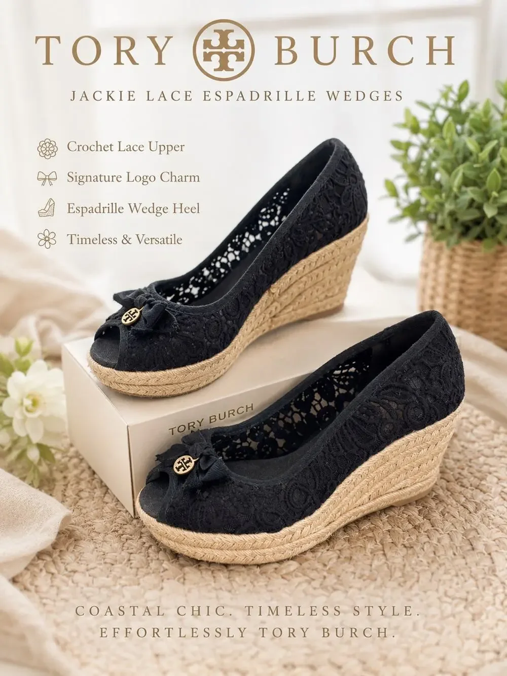 Tory Burch Jackie Lace Espadrille Wedge Peep Toe Bow Black Coastal Chic 8.5