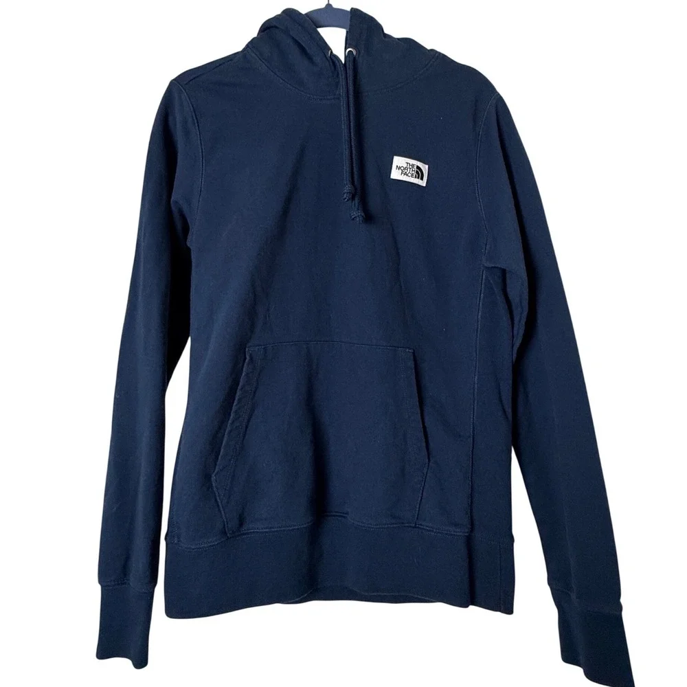 The North Face Hoodie Mens S Navy Blue Excellent Pullover Fleece Logo Patch