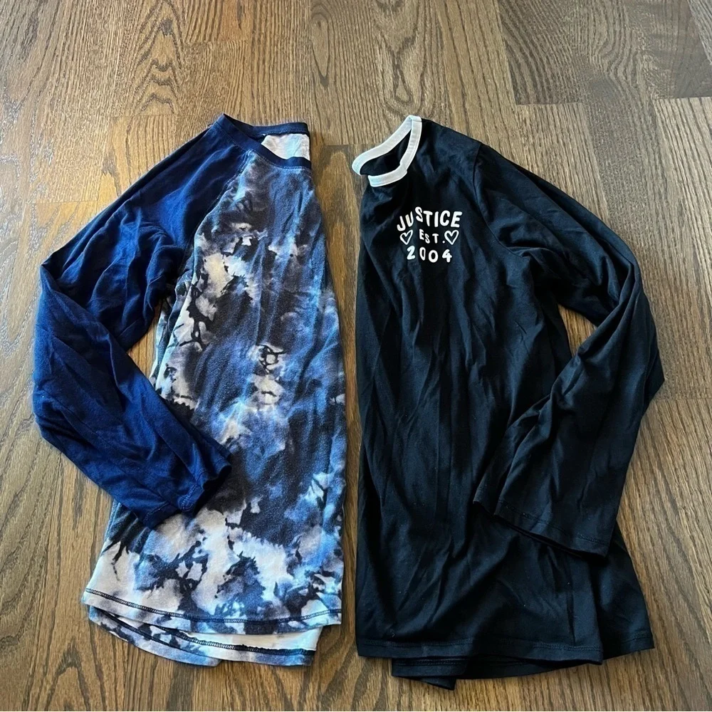 2 girls Justice long sleeve tops size 18/20 one black one navy tie dye and solid
