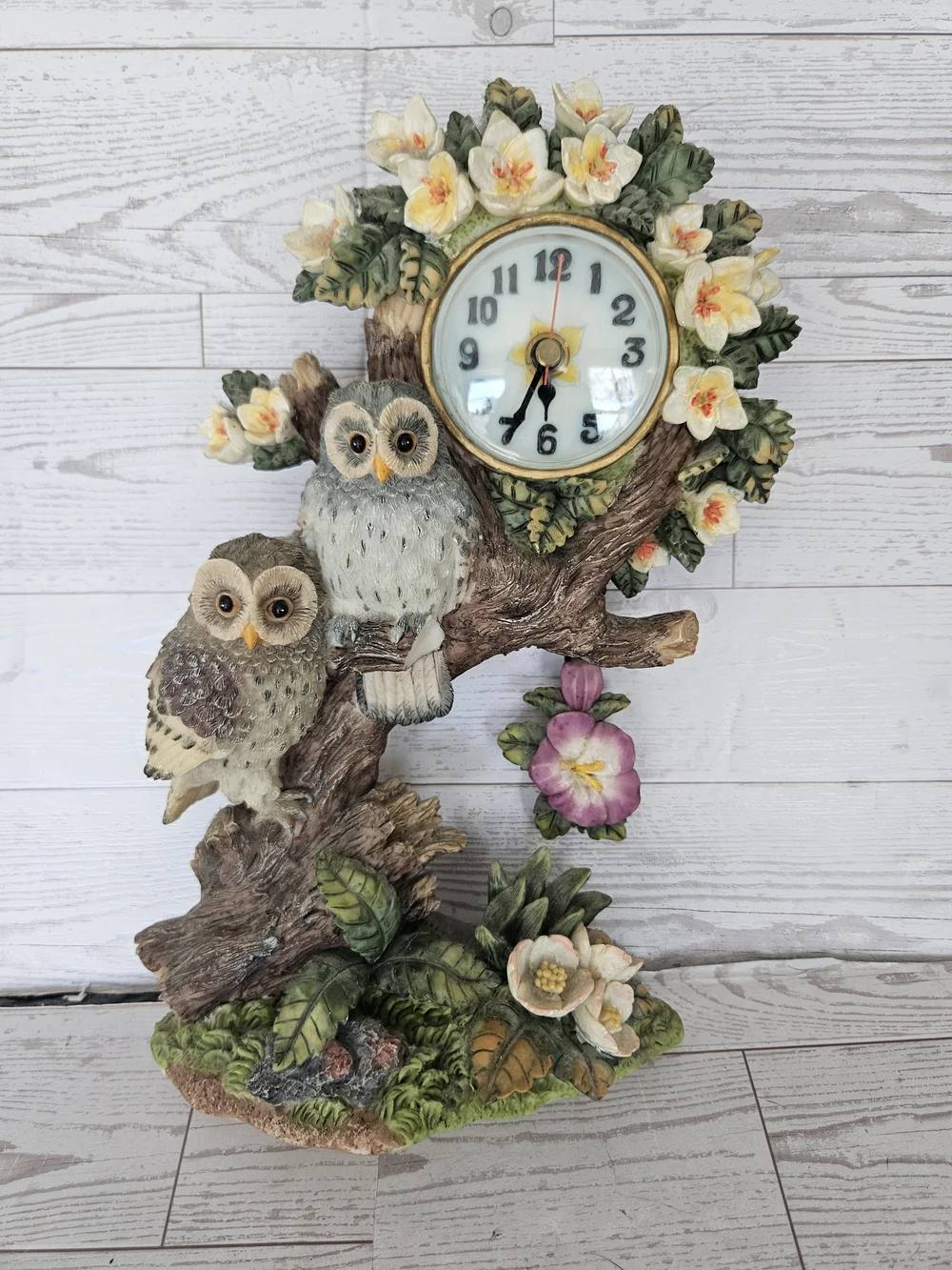 Vintage Resincraft Owl Table Clock - Hand-Painted Double Owls & Flowers Decor