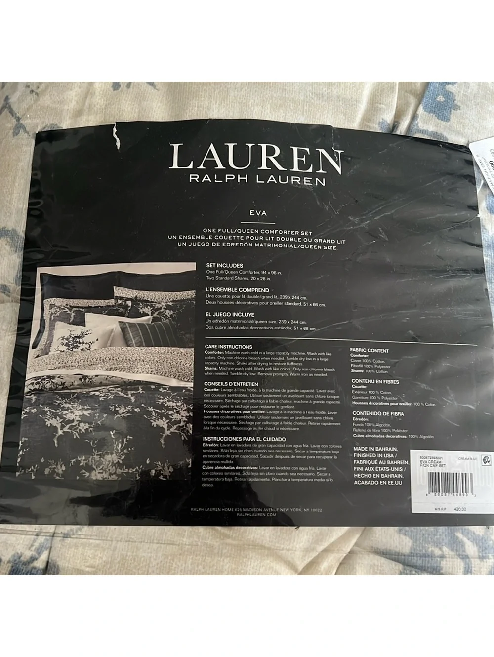 Lauren Ralph Lauren Eva Botanical 3-Pc Full/Queen Comforter Set, Cream/Blue
