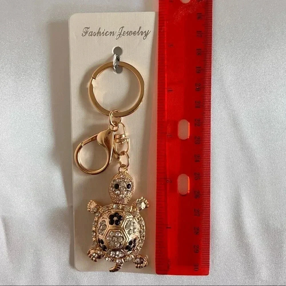 Turtle Key Chain Or Bag Charm Black/White Crystal Rhinestone Gold Tone Hardware