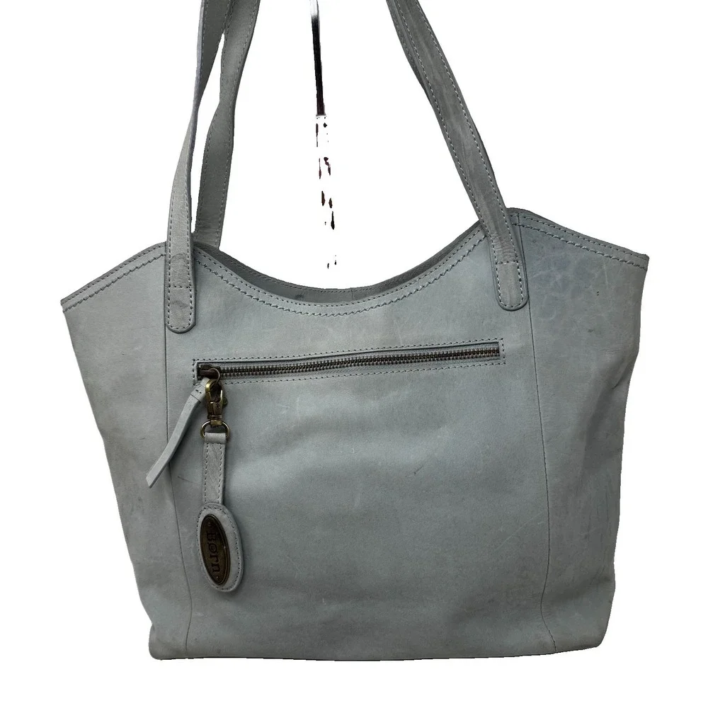 Born® Bethany Leather Tote/Shoulder Blue Braid Detail Zip Closure Medium Size