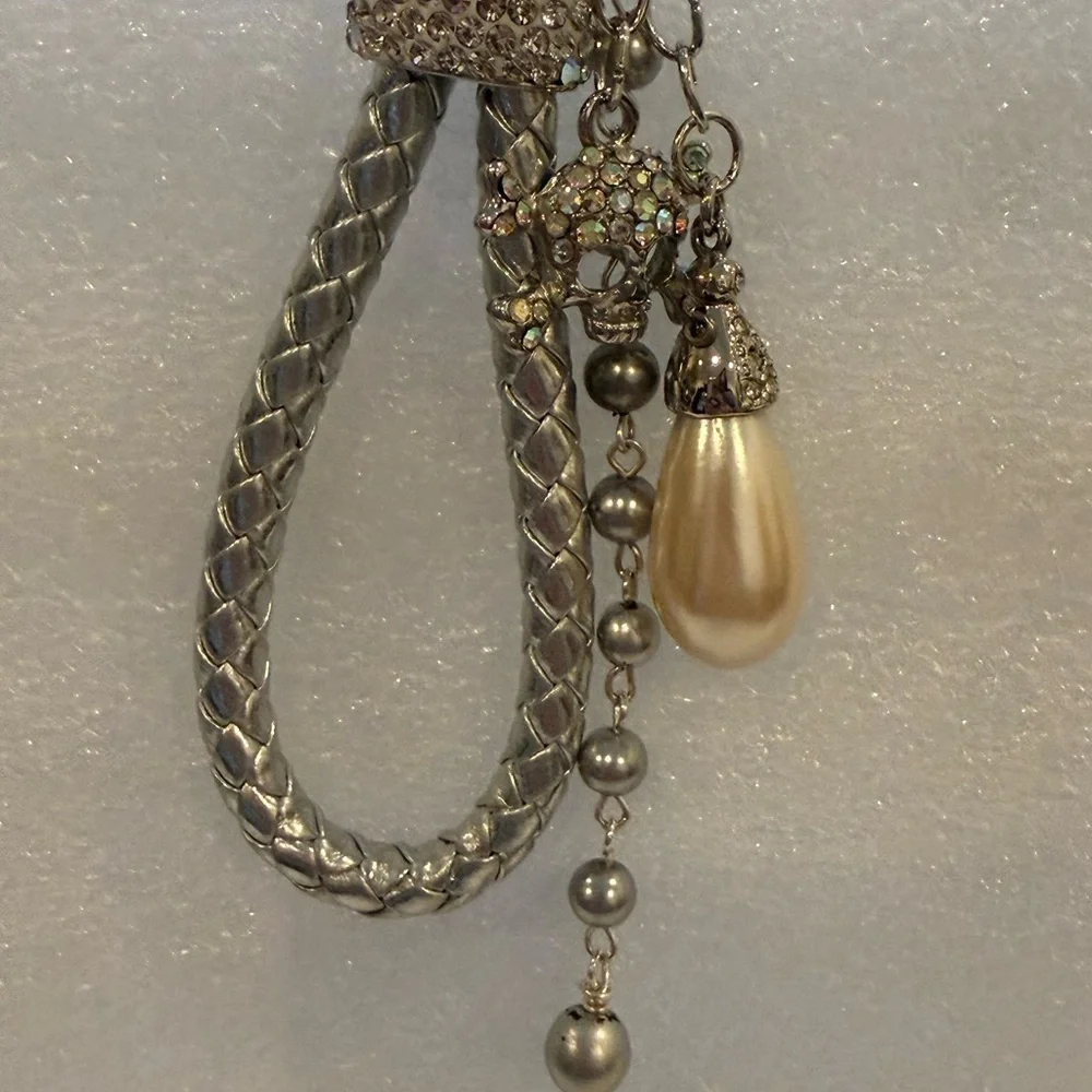 Silver Braided Skull & Pearl Keychain - Rhinestone Punk Glam Purse Charm - New