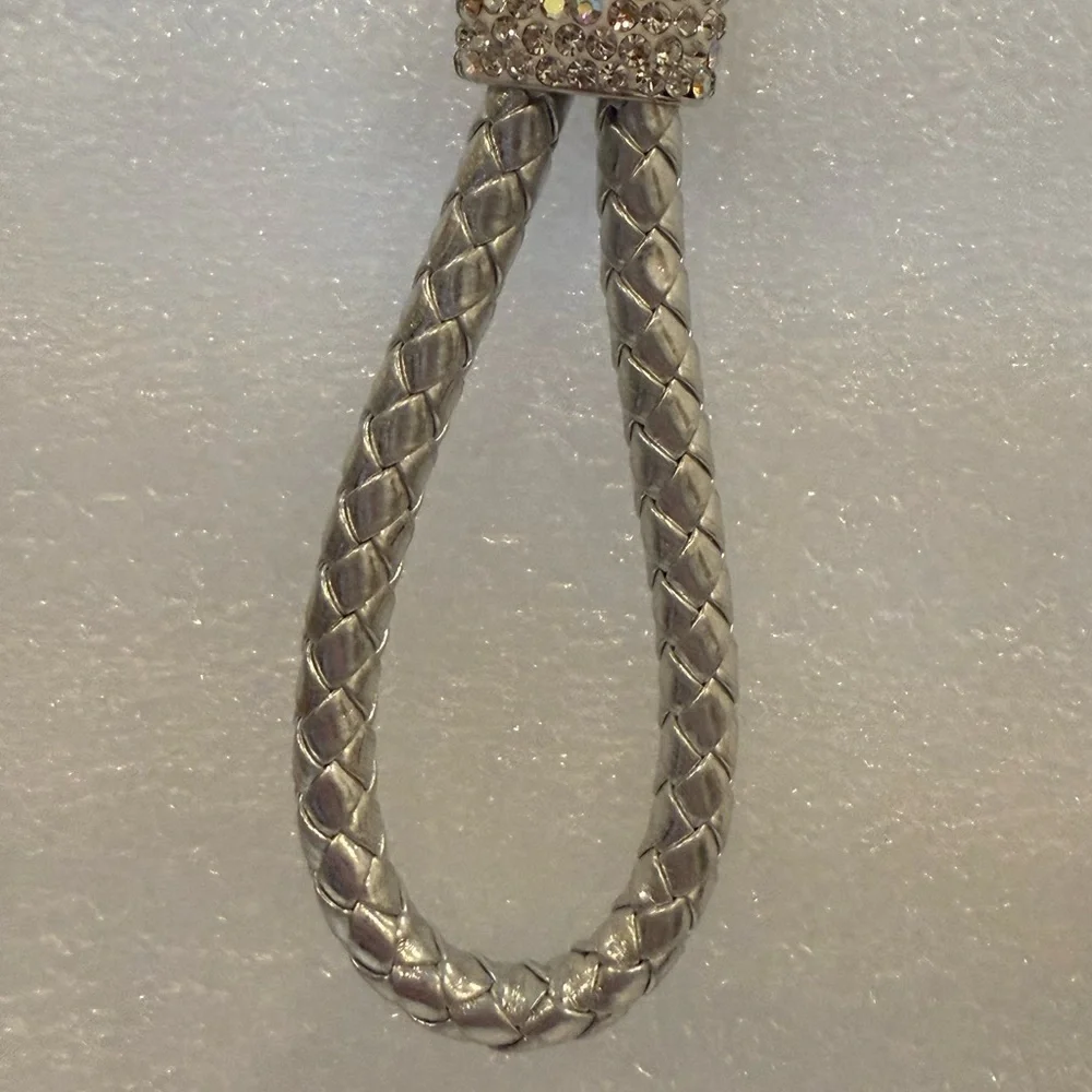 Silver Braided Skull & Pearl Keychain - Rhinestone Punk Glam Purse Charm - New