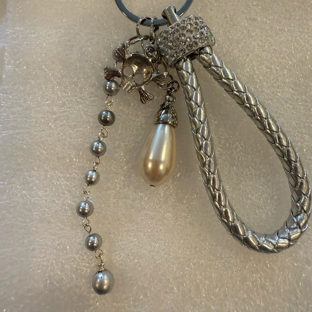 Silver Braided Skull & Pearl Keychain - Rhinestone Punk Glam Purse Charm - New