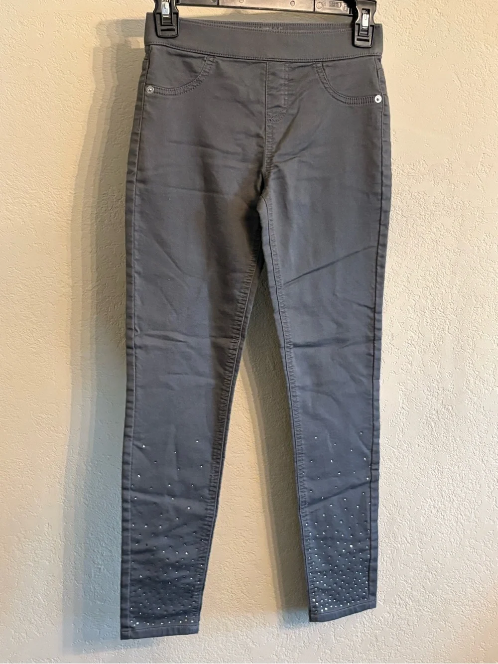 Girl’s Vintage Justice Gray Stretch Jeggings with Rhinestone Hem Detail, Sz. 12