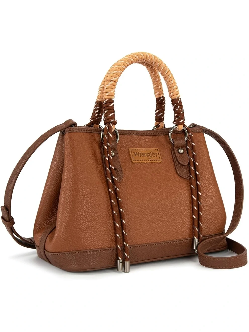 Wrangler Brown Leather Satchel with Braided Rope Handles