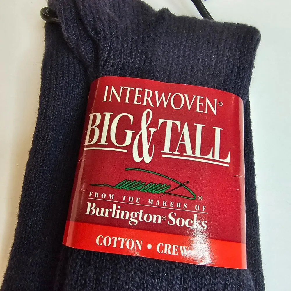 NOS Interwoven Big & Tall Navy Men's Cotton Crew Socks Made in USA Green Seam