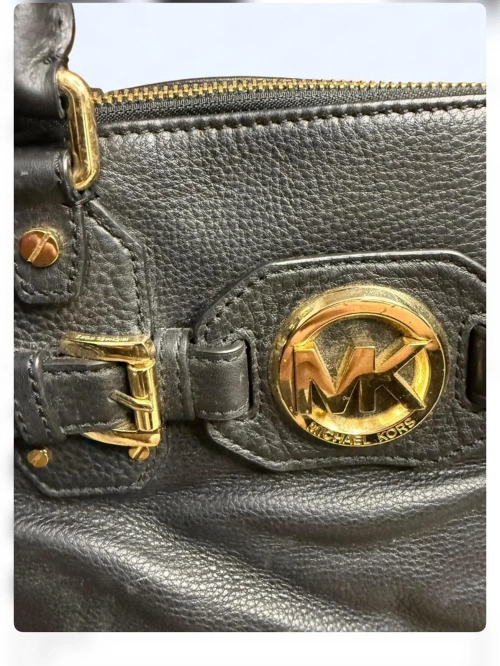 Michael Kors Black Hudson Belted Leather Satchel with Gold-Tone MK‎ Emblem