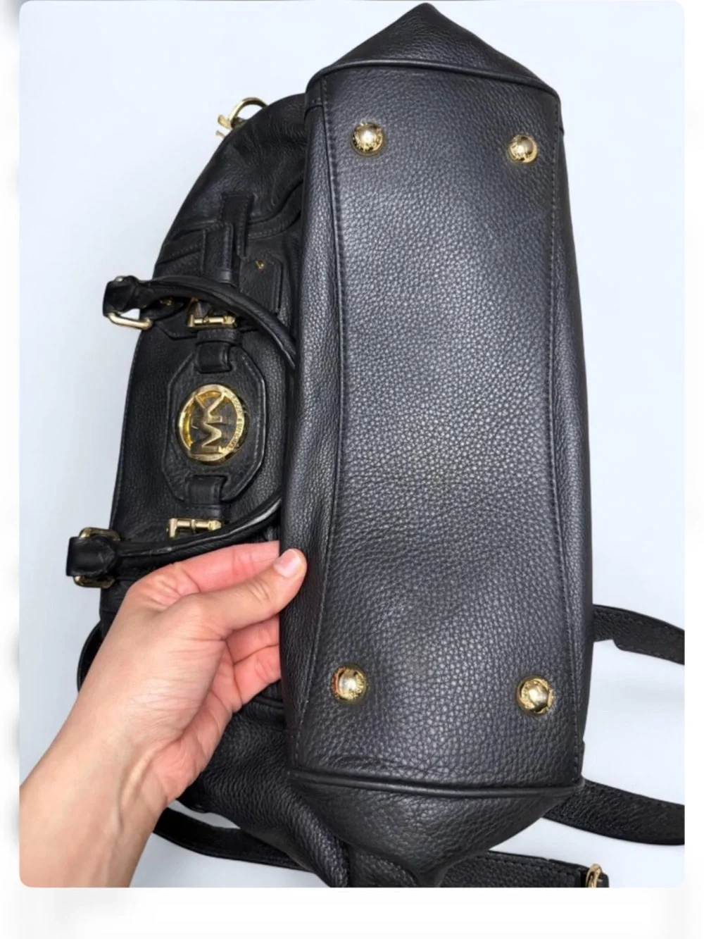 Michael Kors Black Hudson Belted Leather Satchel with Gold-Tone MK‎ Emblem