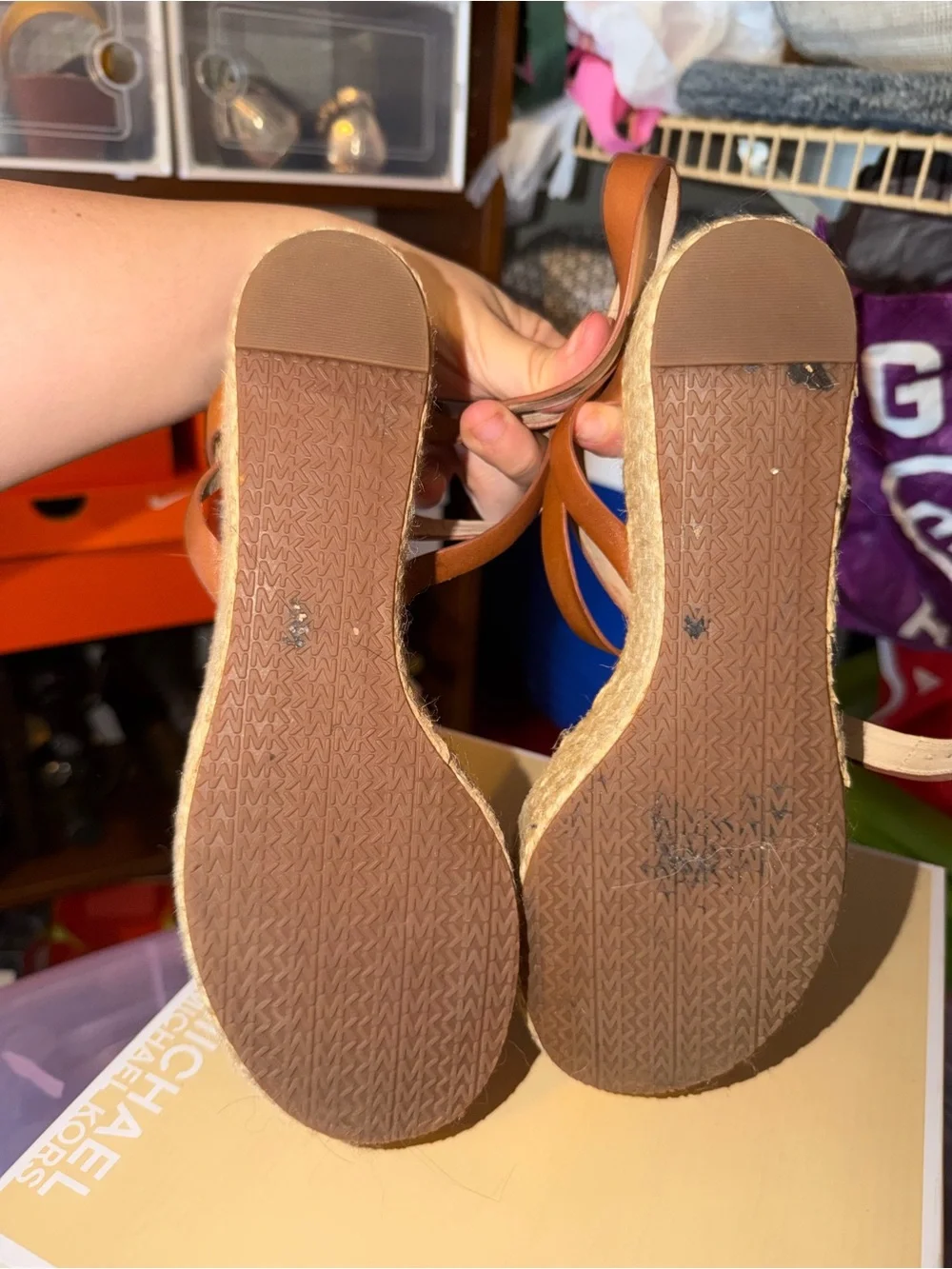 Michael Kors Brown Leather Espadrille Wedge Sandals, with Box