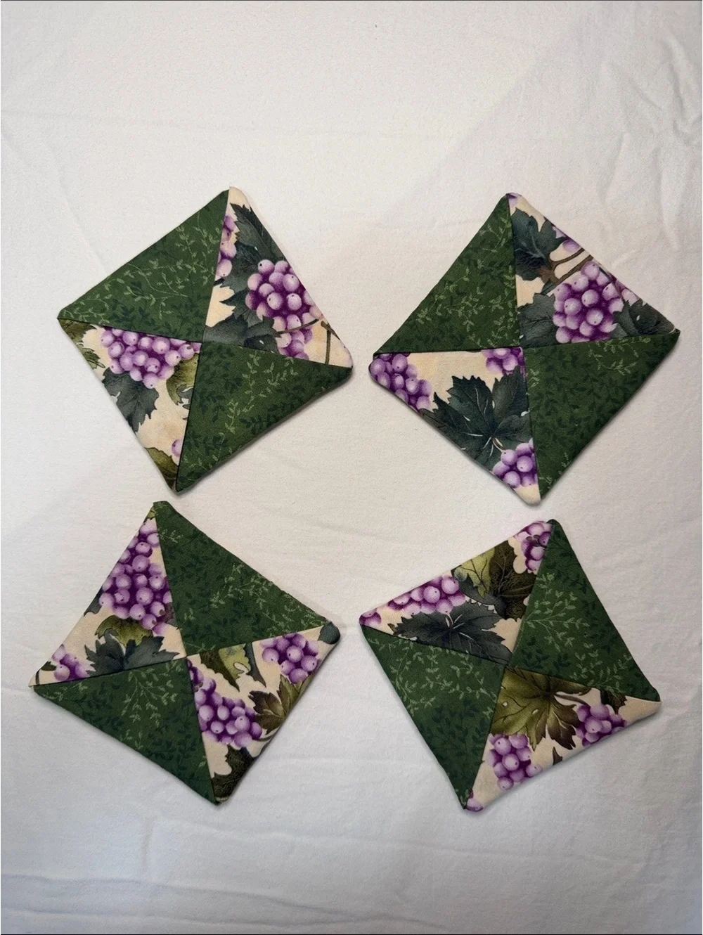 Set of 4 Handmade Fabric Coasters with Grape and Green Leaf Design