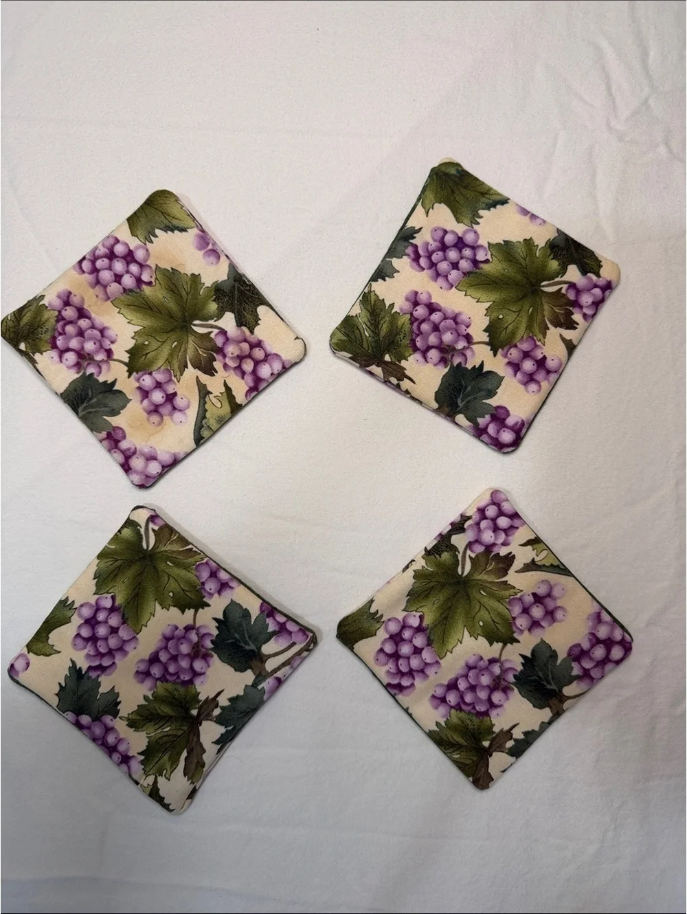 Set of 4 Handmade Fabric Coasters with Grape and Green Leaf Design