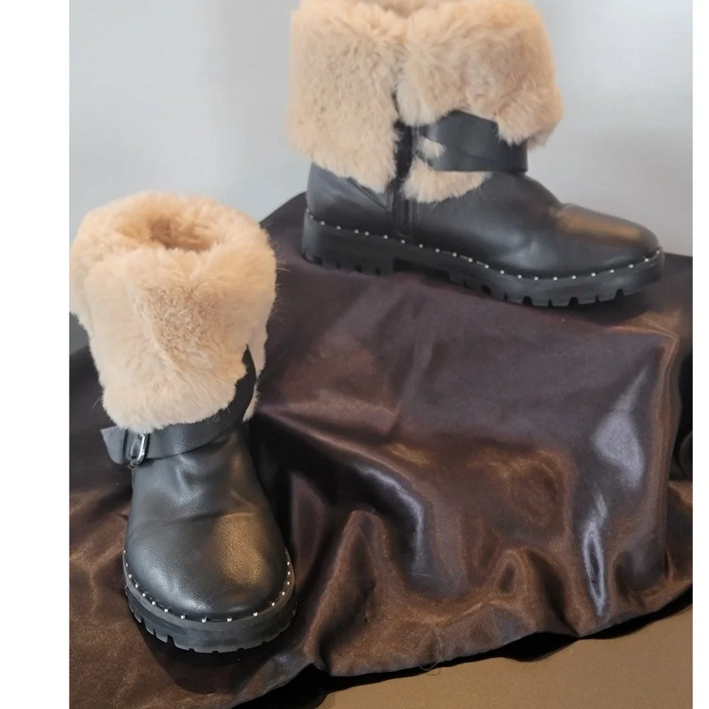 Zara Kids Black‎ Faux Leather Faux Fur Trim Buckle Combat Boots Size 35