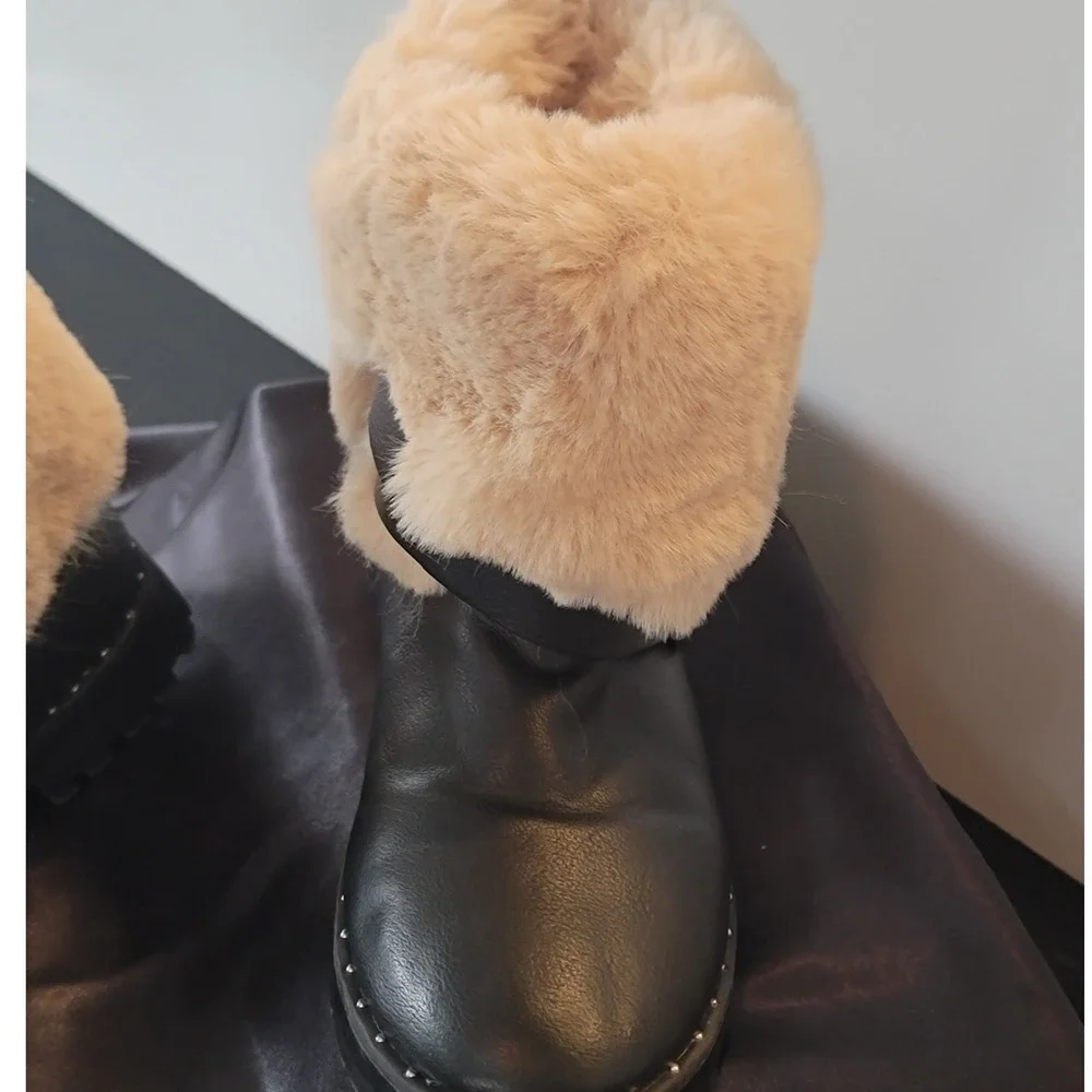 Zara Kids Black‎ Faux Leather Faux Fur Trim Buckle Combat Boots Size 35