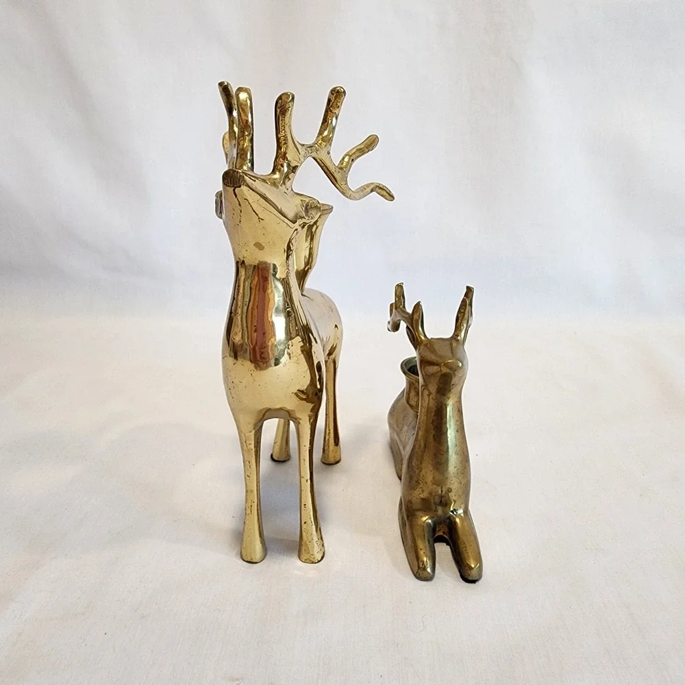 Vintage Solid Brass Reindeer Candle Holder‎ Set Standing and Resting Deer MCM