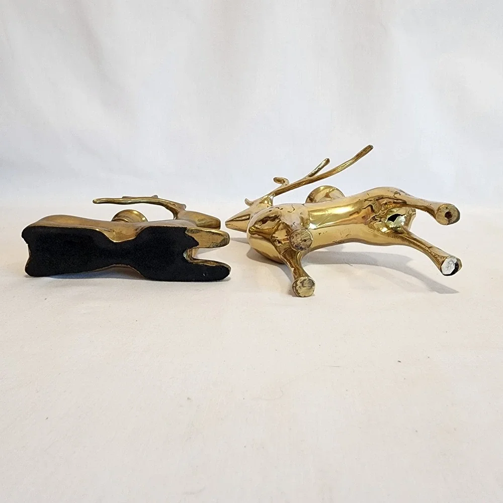 Vintage Solid Brass Reindeer Candle Holder‎ Set Standing and Resting Deer MCM