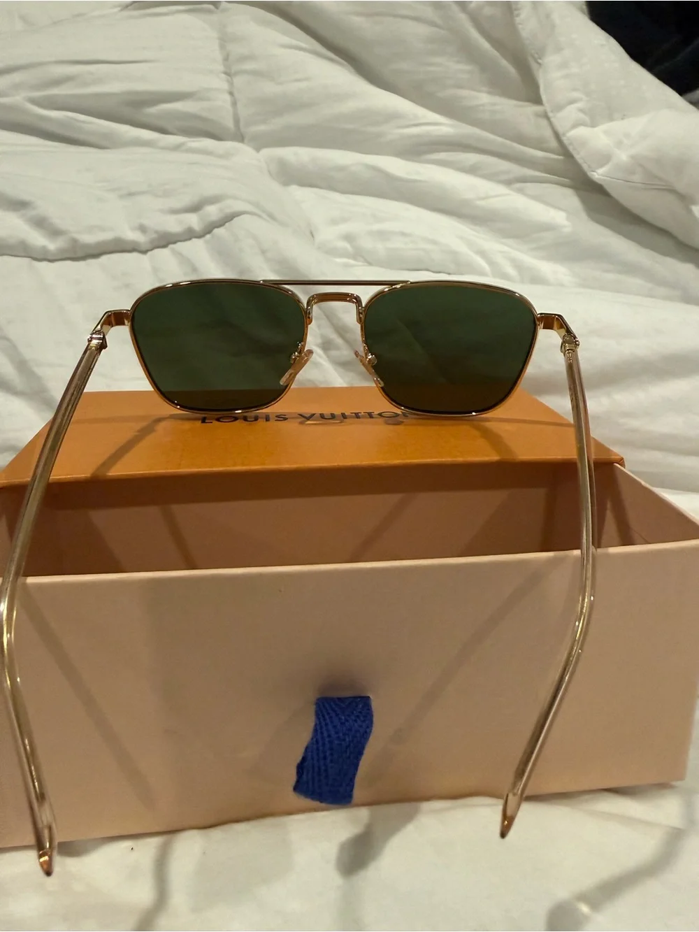 Louis Vuitton Gold Frame Sunglasses with Dark Green Lenses and Orange Box