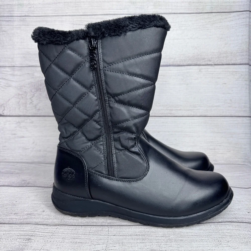 Totes Womens Black Quilted Mid Calf Winter Boots Faux Fur‎ Trim Size 8