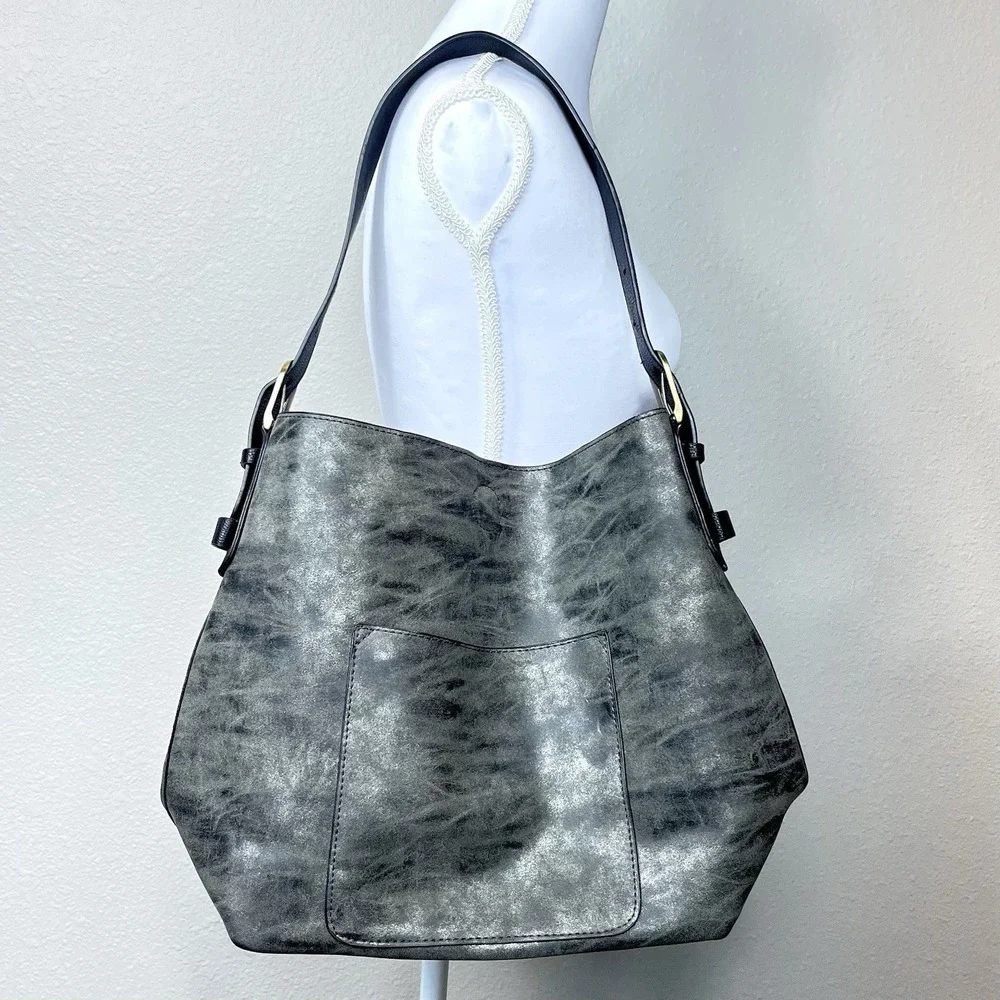 Joy Susan Classic‎ Hobo Vegan Leather Handbag Metallic Platinum Slouchy Grunge